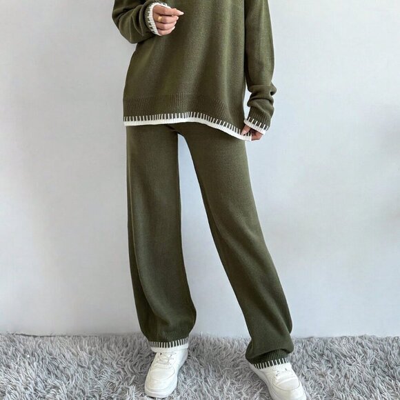 Green Casual Women's Contrast Trim Drop Shoulder Sweater & Knit Pants - Picture 3 of 6